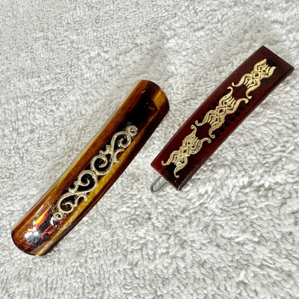 Vintage Brown & Gold Hair Barrettes - Picture 3 of 11